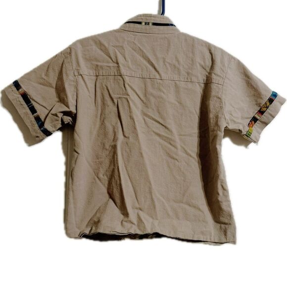 Kids' Tan Button Down Shirt with Patterned Trim - Picture 2 of 4